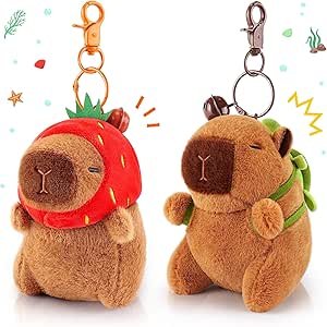 Achwishap 2PCS Capybara Plush Keychain,Cute Keychain Capybara Stuffed Animal,Soft Capybara Plush Toys Key Chain,Kawaii Plushie Stuffed Toys for Kids Adults Birthday(Turtle,Strawberry Hat)