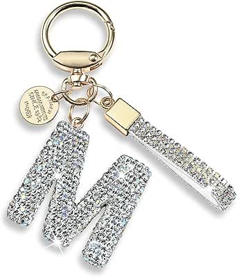 Pink Blue White Initial Letter Keychain Gift for Women Girls Bling Sparkly Cute Backpack Car Key Accessories Lanyard