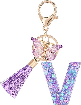 Suweibuke Colourful Cute Initial Letter Keychains for Women Girls with Tassel Butterfly, Charm for Purse Handbags Backpacks